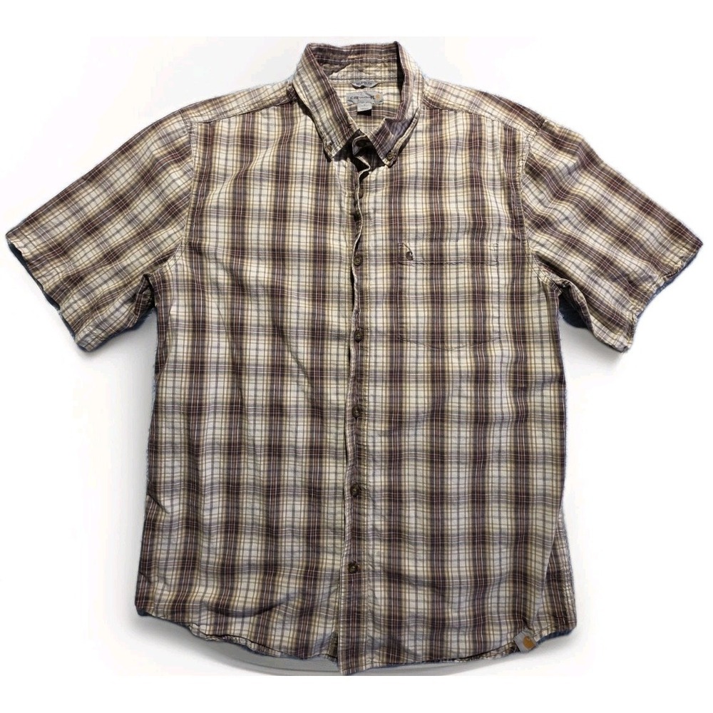 Carhartt Plaid Brown Cotton Button-Up Shirt Short Sleeve Relaxed Fit Pocket L